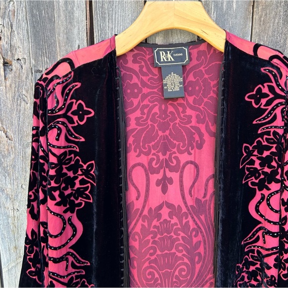 Vintage Y2K R&K Evening Silk Velvet Beaded Kimono Red Black S - Picture 3 of 17